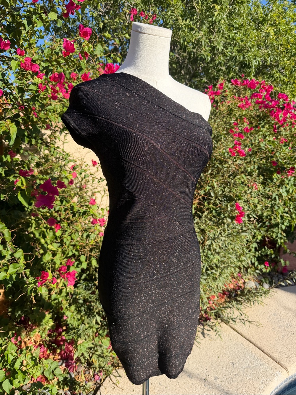 Guess Black and Bronze Asymmetrical Bandage Dress